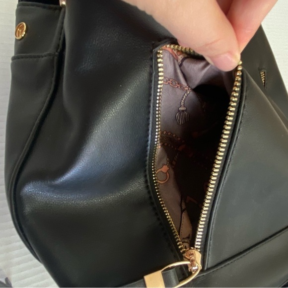 Faux Leather Backpack Black Gold Tone Hardware Great Quality Bag and Size - Picture 7 of 12